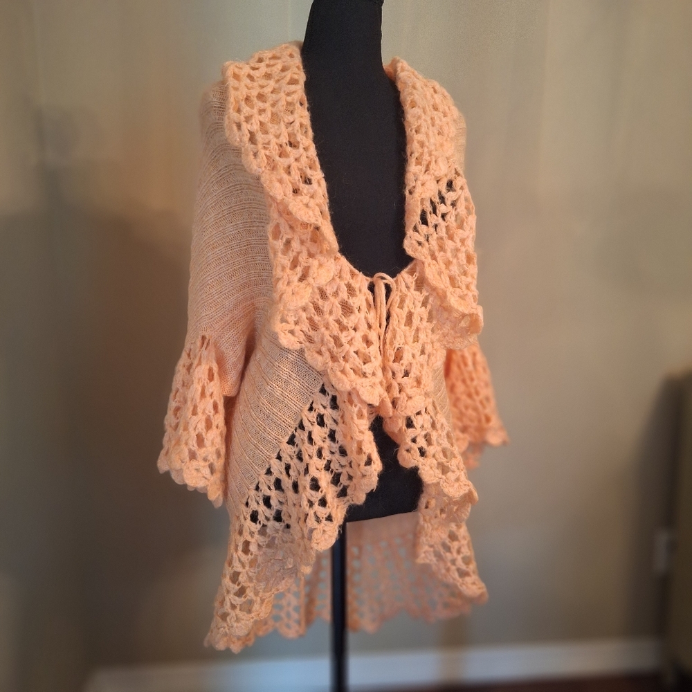 Cache Vintage Festival Peach Mohair Blend Crochet Sweater Unique M